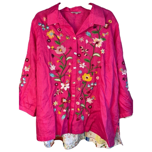 NWT‎ John Mark Womens Large Pink Linen Embroidered Floral Blouse 3/4 Sleeves - Picture 1 of 9